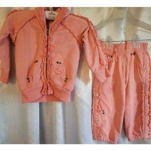 Diesel Infant Girl 2 pc Jogging Set Pink Ruffle Trim Hooded Sweatshirt Size 12M